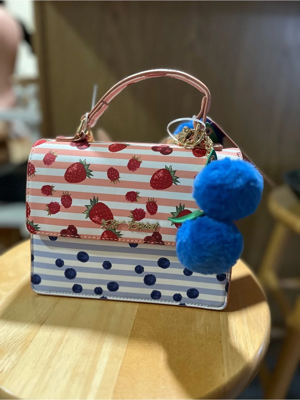 Betsey Johnson Berry Crossbody Purse with Blueberry Pom Poms NWT